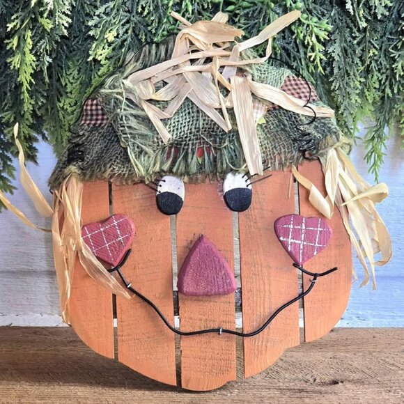 Wood Pumpkin Scarecrow Head Wall Hanging Primitive Fall Harvest Halloween Decor - Picture 1 of 5